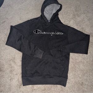 Champion Script Logo Pullover Hoodie – Dark Heather Gray – Men’s Small